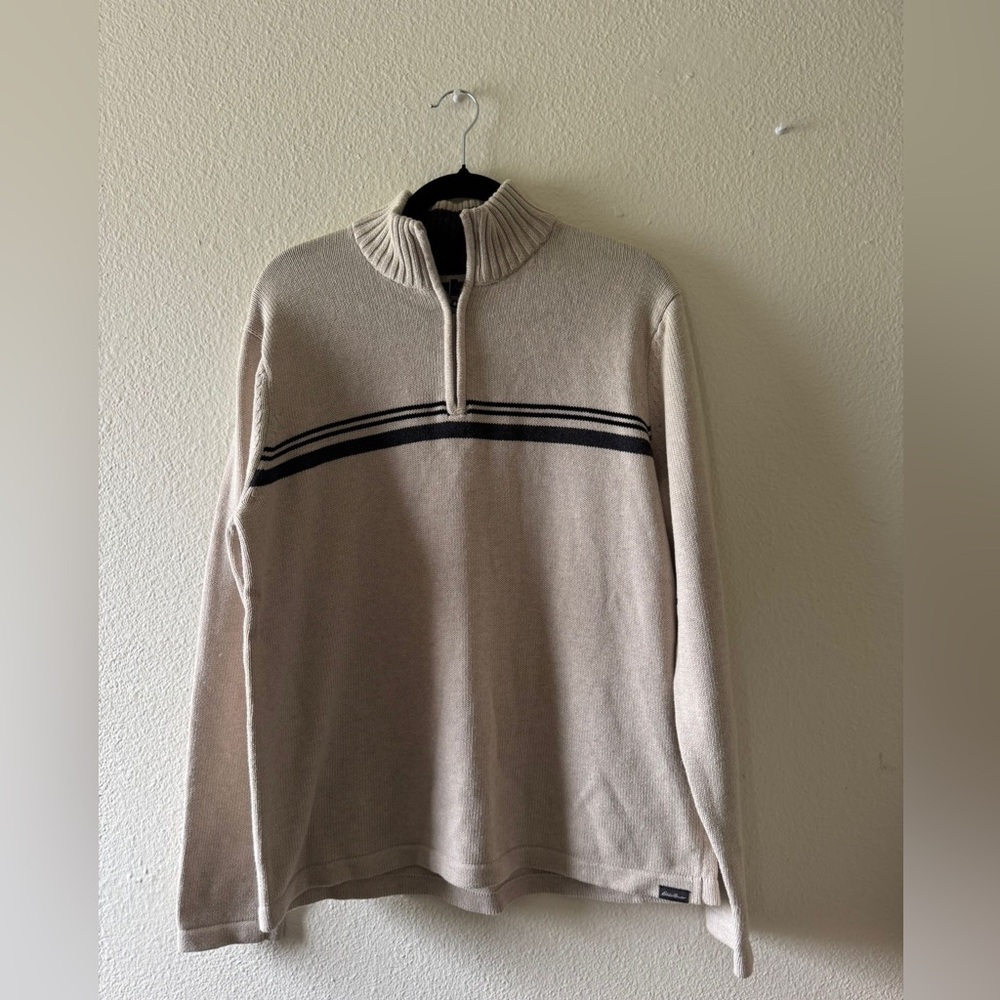 Eddie Bauer Men's Beige Zip-Up Sweater with Black Stripes
